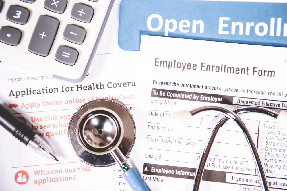 Visual guide detailing open enrollment for health insurance, including important deadlines and plan options available.