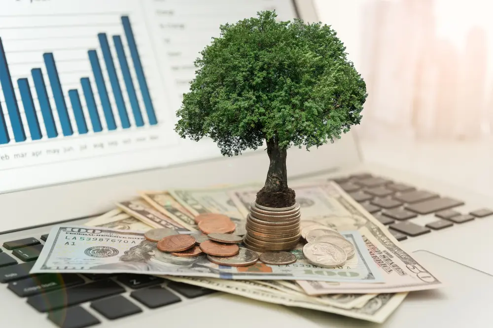 A laptop displaying a money tree graphic alongside a financial graph and currency, symbolizing portfolio rebalancing strategy.